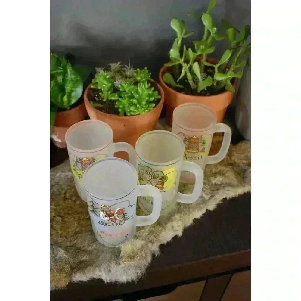 4 Frosted Beer Mugs Prosit Skol Ireland‎ glass stein vintage barware European